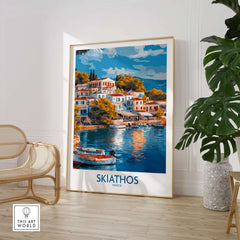 Skiathos Wall Art Poster - Greek Island Print featuring picturesque Greek village by the sea.