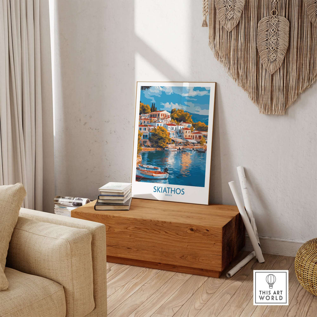 Skiathos wall art poster featuring picturesque Greek island scenery in a cozy home setting.