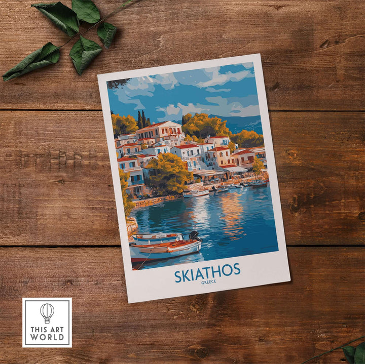 Skiathos Wall Art Poster showcasing a serene Greek island scene with colorful buildings and a boat on the water.