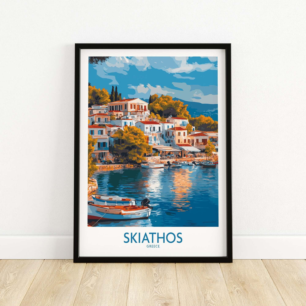 Skiathos wall art poster featuring picturesque Greek island scenery and charming waterfront buildings.