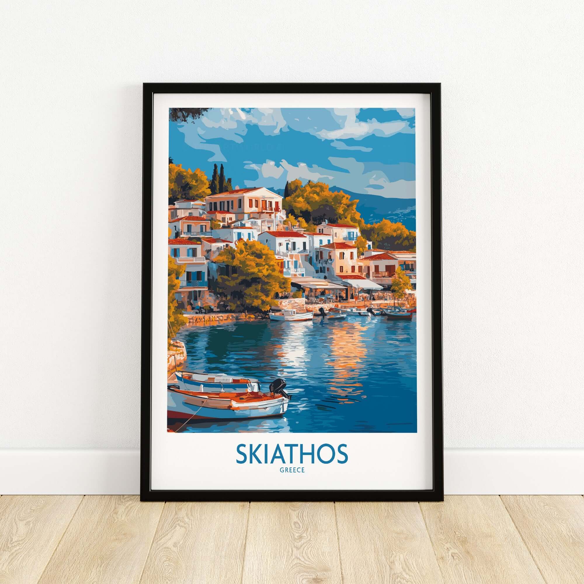Skiathos Wall Art Poster - Greek Island Print showcasing vibrant coastal scenery and charm of Skiathos.