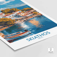 Skiathos Wall Art Poster - Greek Island Print showcasing colorful houses and boats in a tranquil bay scene.