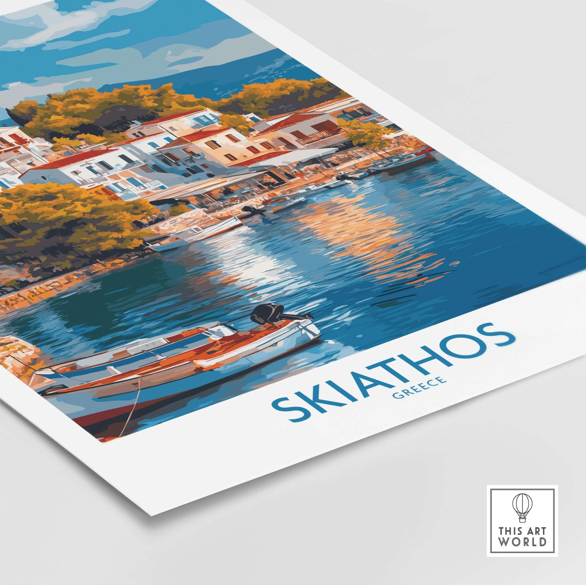 Skiathos Wall Art Poster - Greek Island Print showcasing colorful houses and boats in a tranquil bay scene.