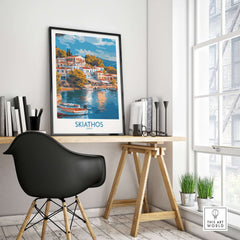 Skiathos Wall Art Poster - Greek Island Print displayed in a stylish home office, capturing a scenic coastal view.