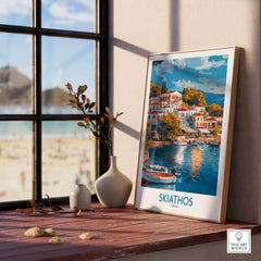 Skiathos Wall Art Poster - Greek Island Print displayed in a bright room by the window.