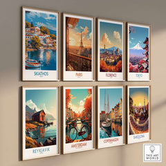 Skiathos Wall Art Poster - Greek Island Print showcasing vintage-style travel art of various cities.