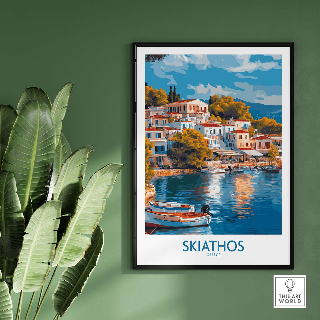 Skiathos wall art poster featuring vibrant Greek island scenery and tranquil waters, perfect for home decor.