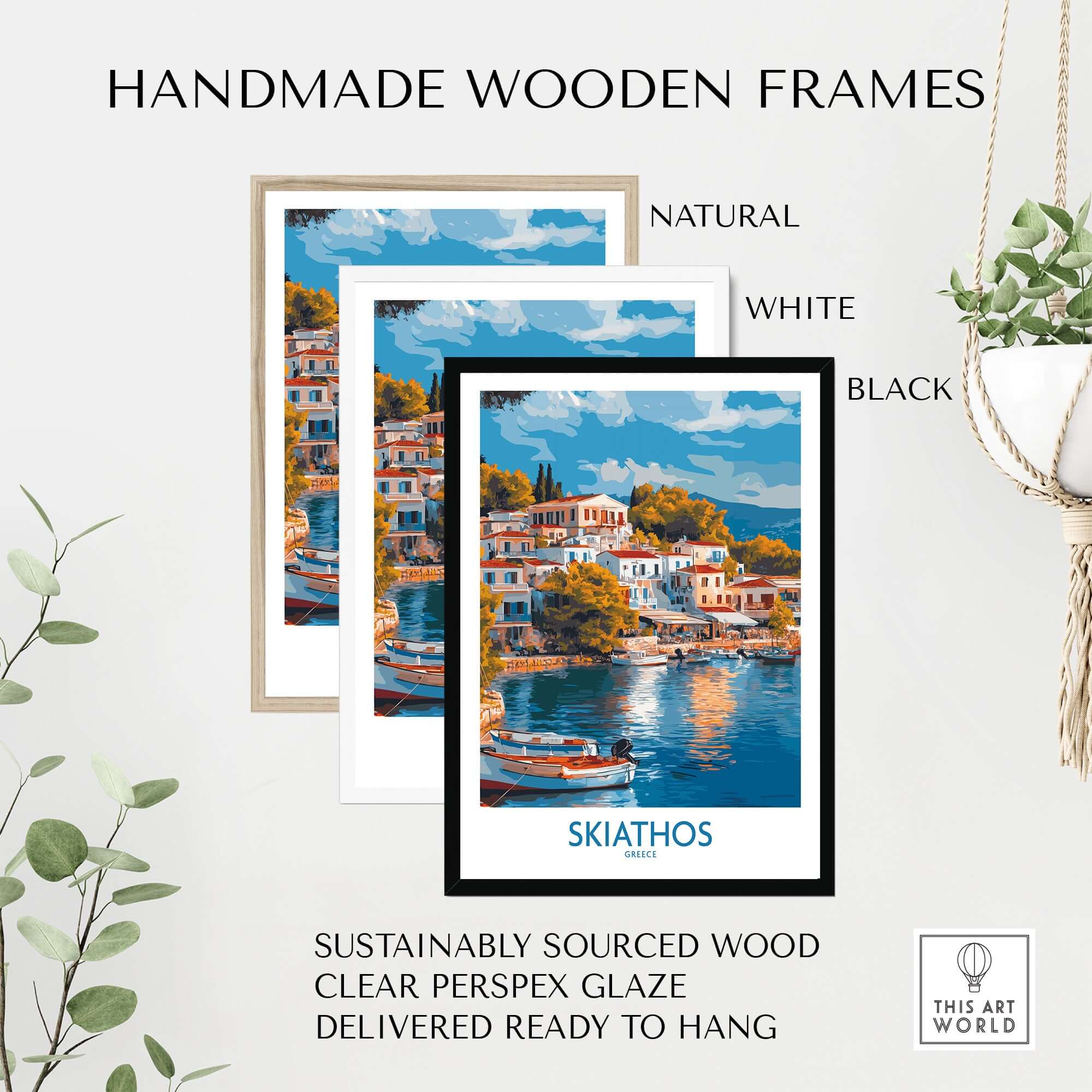 Skiathos Wall Art Poster - Greek Island Print displayed in three handmade wooden frames, showcasing natural, white, and black finishes.