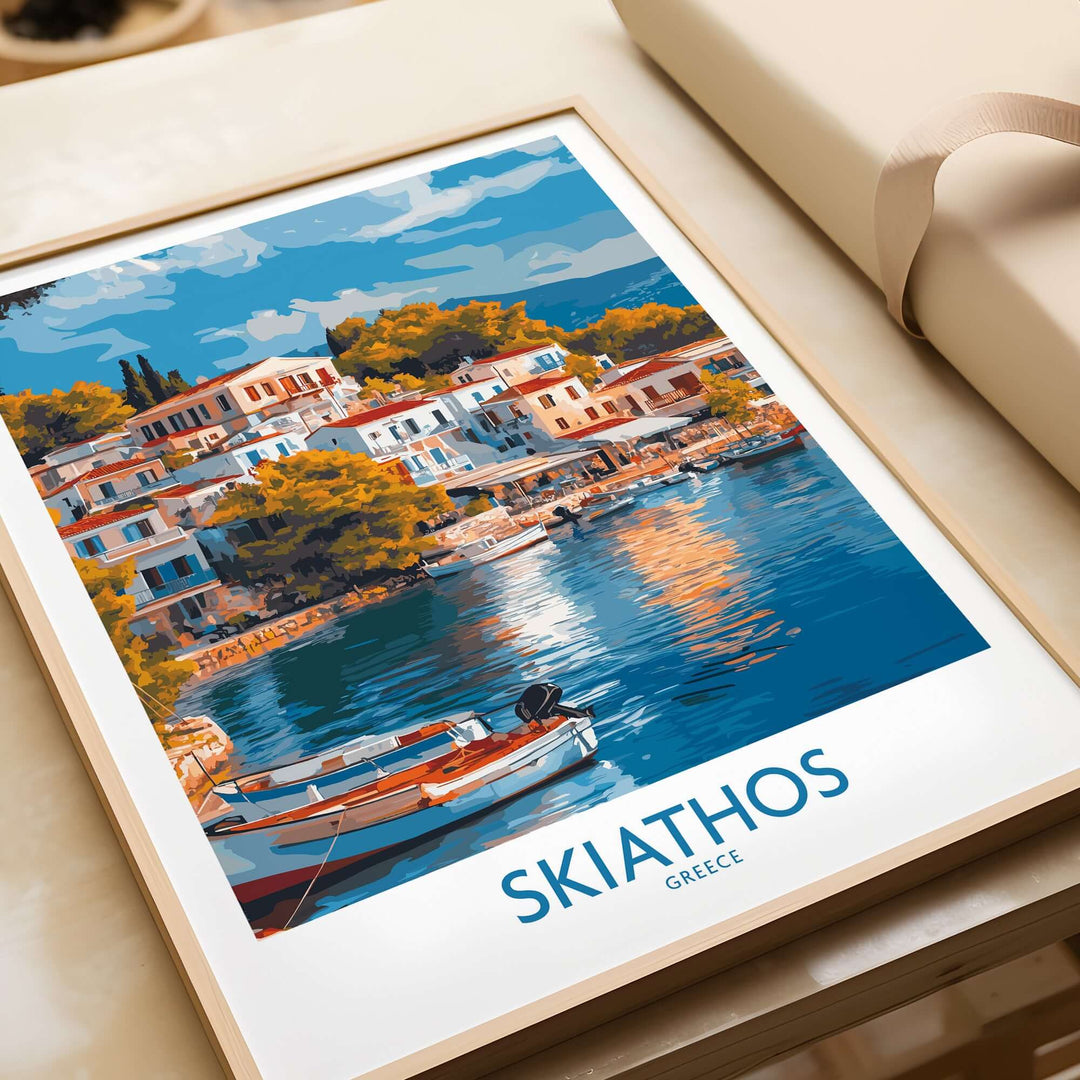 Skiathos wall art poster showcasing colorful Greek village by the sea with boats, inspiring wanderlust and adventure.