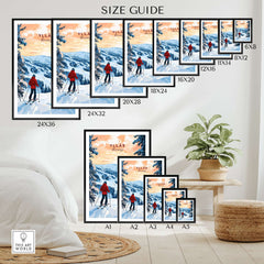 Size guide for Skiing Ylläs Norway poster showcasing various frame sizes in a cozy room setting.