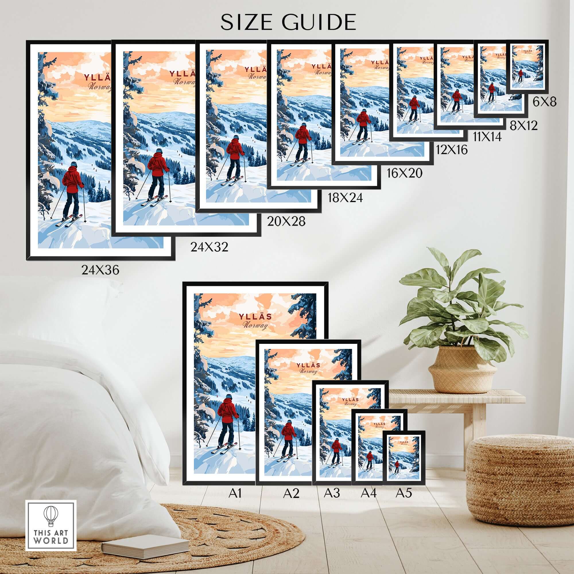 Size guide for Skiing Ylläs Norway poster showcasing various frame sizes in a cozy room setting.