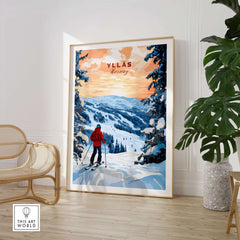Skiing Ylläs Norway poster featuring a skier in red jacket on snowy slopes with mountains and sunset.