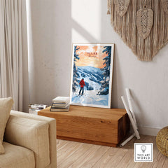 Skiing Ylläs Norway poster showcasing a skier in red on snow-capped slopes, ideal winter sports wall art.