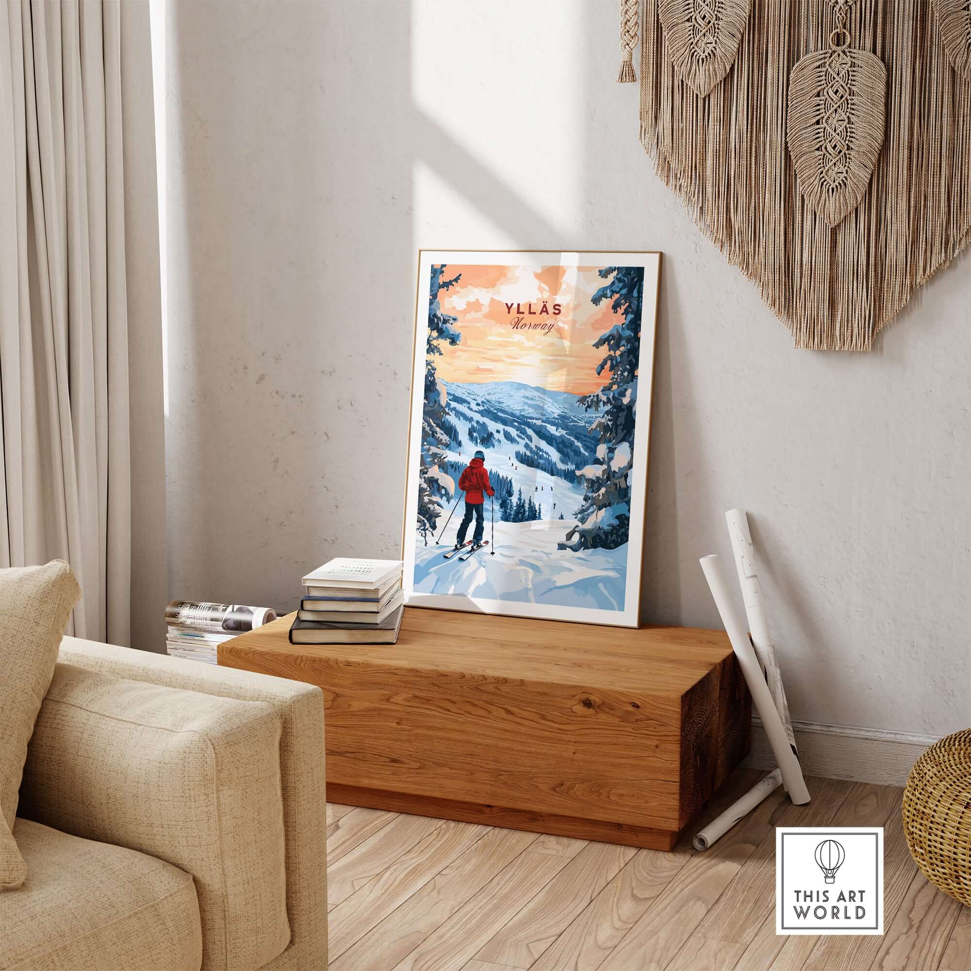 Skiing Ylläs Norway poster showcasing a skier in red on snow-capped slopes, ideal winter sports wall art.