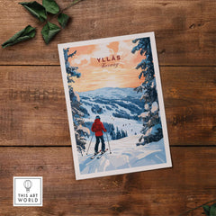Skiing Ylläs Norway poster featuring a skier in red against a snowy mountain landscape, capturing winter adventure.