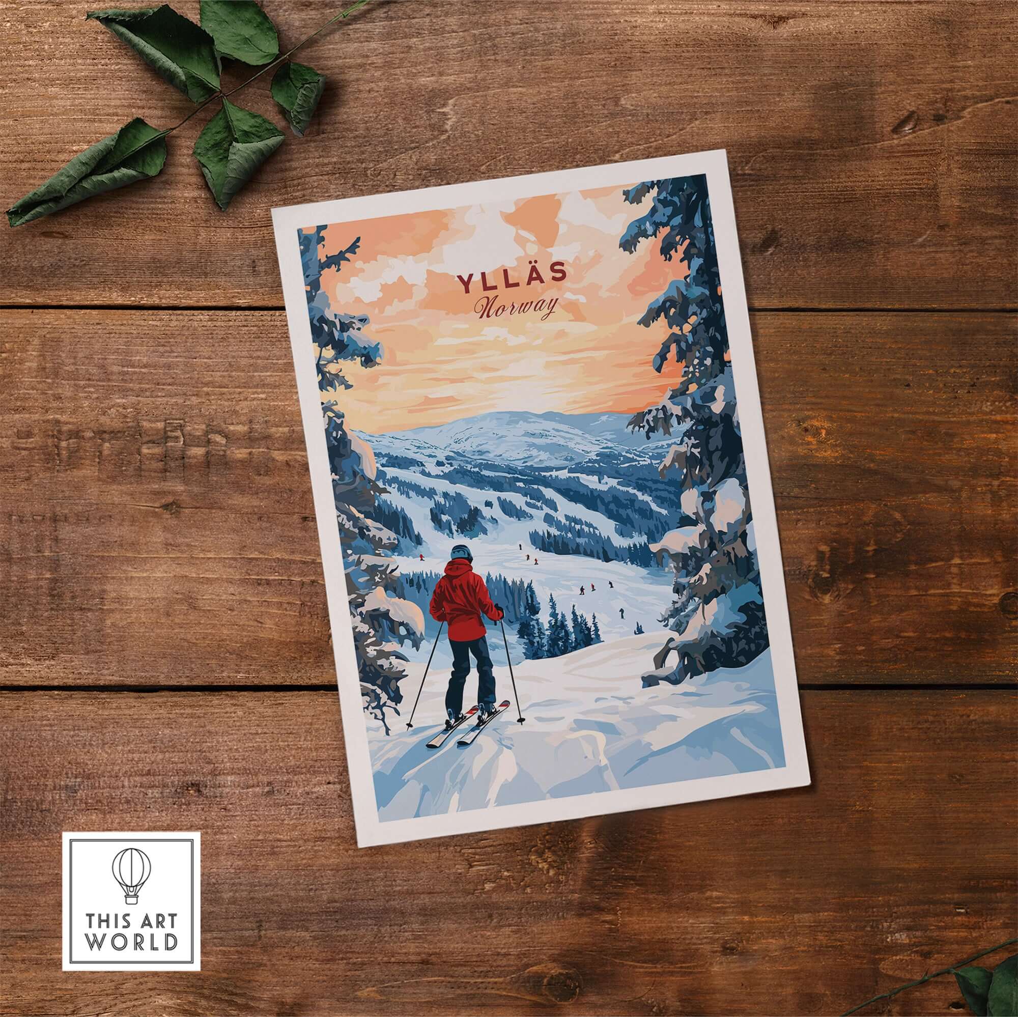 Skiing Ylläs Norway poster featuring a skier in red against a snowy mountain landscape, capturing winter adventure.