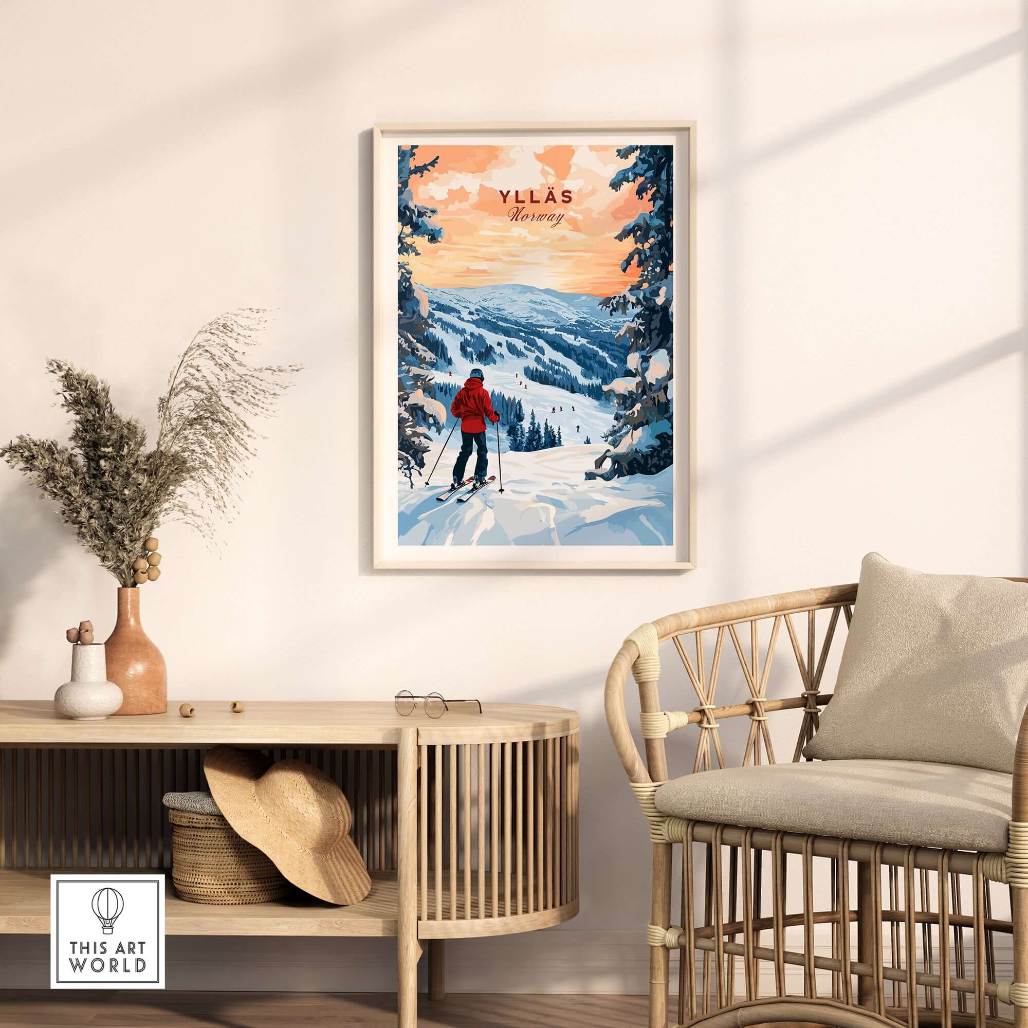 Skiing Ylläs Norway poster featuring a skier in a red jacket on snowy slopes, perfect for winter sports lovers.