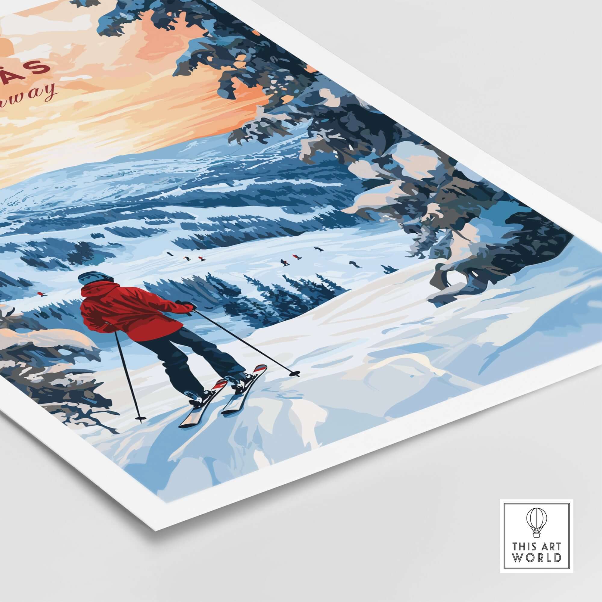 Skiing Ylläs Norway poster showcasing a skier in a red jacket on snowy slopes at sunset.