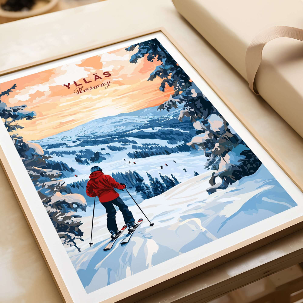 Skiing Ylläs Norway poster featuring a lone skier in a red jacket against a snowy mountain backdrop.