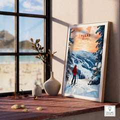 Framed skiing Ylläs Norway poster with a lone skier in red, showcasing winter scenery and mountain slopes.