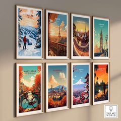 A collection of vibrant travel posters showcasing iconic cities like Ylläs, Paris, Barcelona, and more, displayed on a wall.