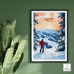 Skiing Ylläs Norway poster with a lone skier in a red jacket against a snowy mountain landscape.