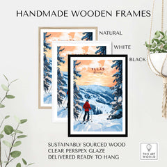 Handmade wooden frames in natural, white, and black, showcasing the Ylläs Norway skiing poster ready to hang.