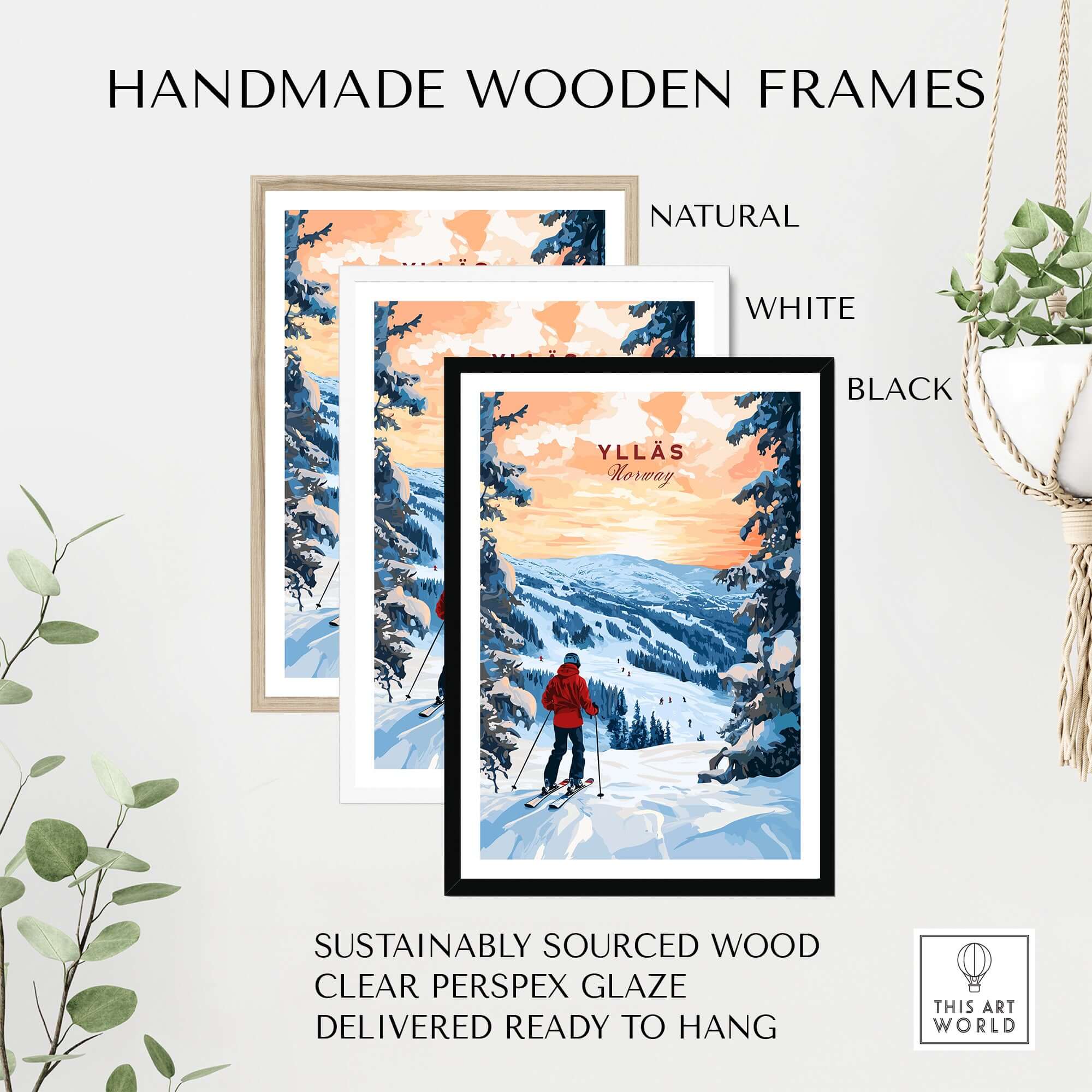 Handmade wooden frames in natural, white, and black, showcasing the Ylläs Norway skiing poster ready to hang.