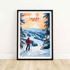 Skiing Ylläs Norway poster featuring a lone skier in a red jacket overlooking a winter landscape.