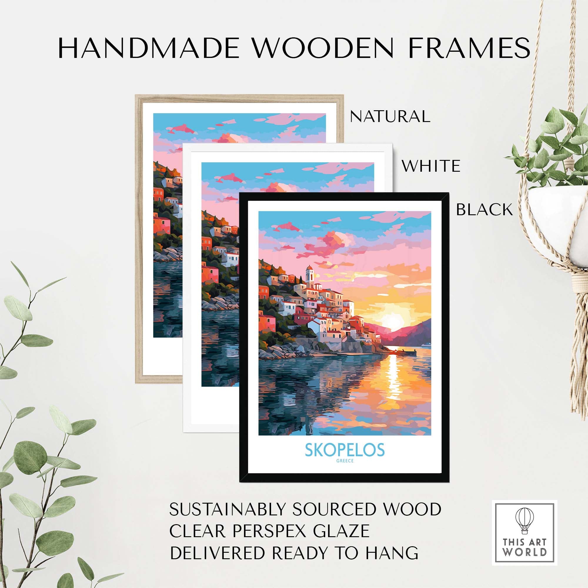 Skopelos wall art in handmade wooden frames, showcasing natural, white, and black options, perfect for any decor.