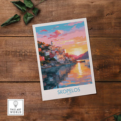Skopelos wall art print featuring vibrant colors of Greek isle at sunset, ideal for modern decor.