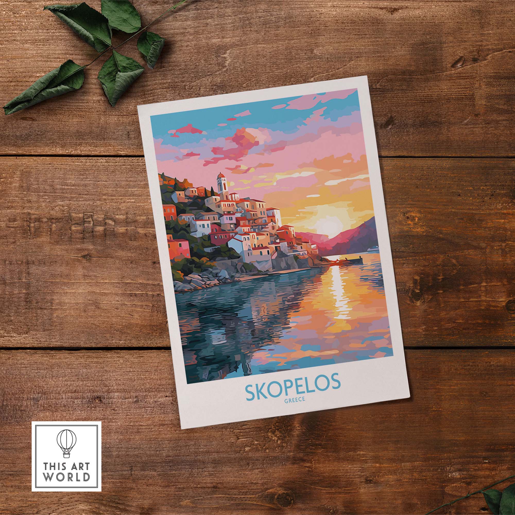 Skopelos wall art print featuring vibrant colors of Greek isle at sunset, ideal for modern decor.