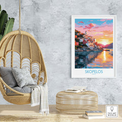 Skopelos wall art travel poster showcasing the vibrant sunset over Skopelos, Greece, in a modern home decor setting.