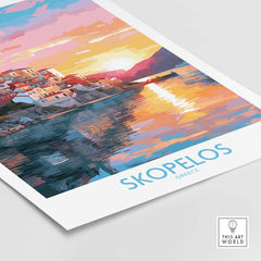 Skopelos Wall Art print showcasing a vibrant sunset over the Greek isle, perfect for modern home decor.