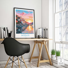 Skopelos wall art print in modern room, showcasing colorful Greece travel poster reflecting on water.