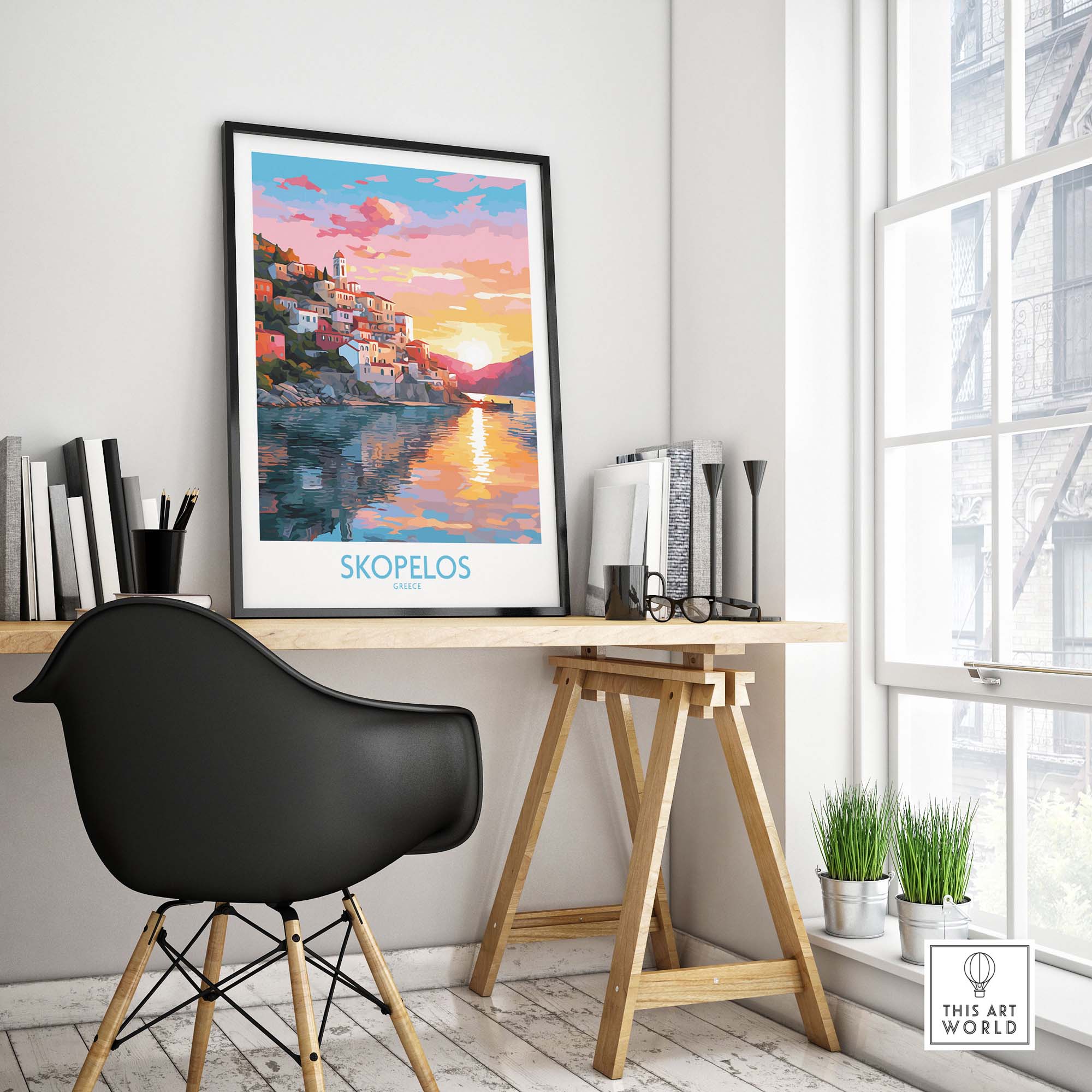 Skopelos wall art print in modern room, showcasing colorful Greece travel poster reflecting on water.