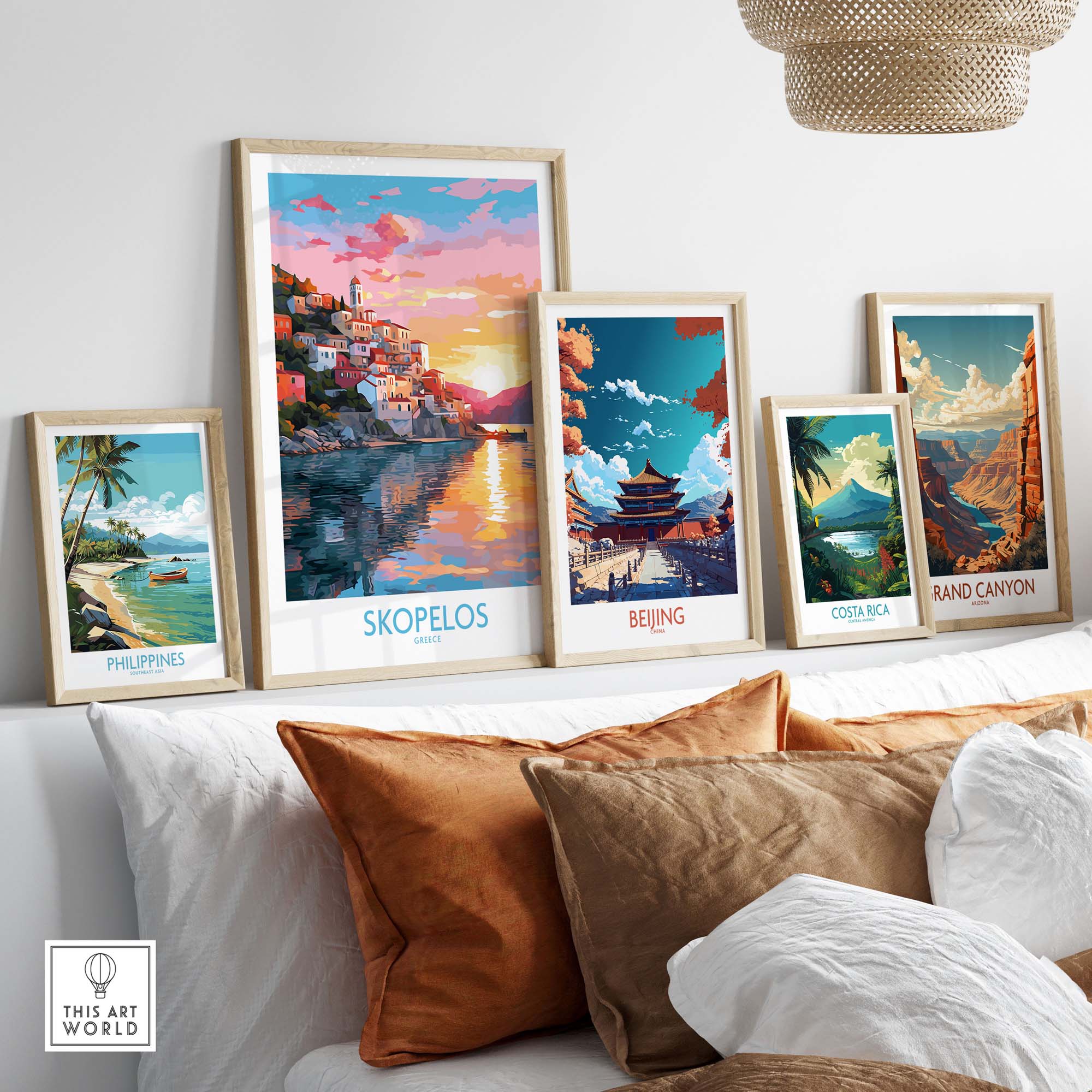 Collection of framed travel posters including Skopelos, showcasing vibrant colors and modern design.