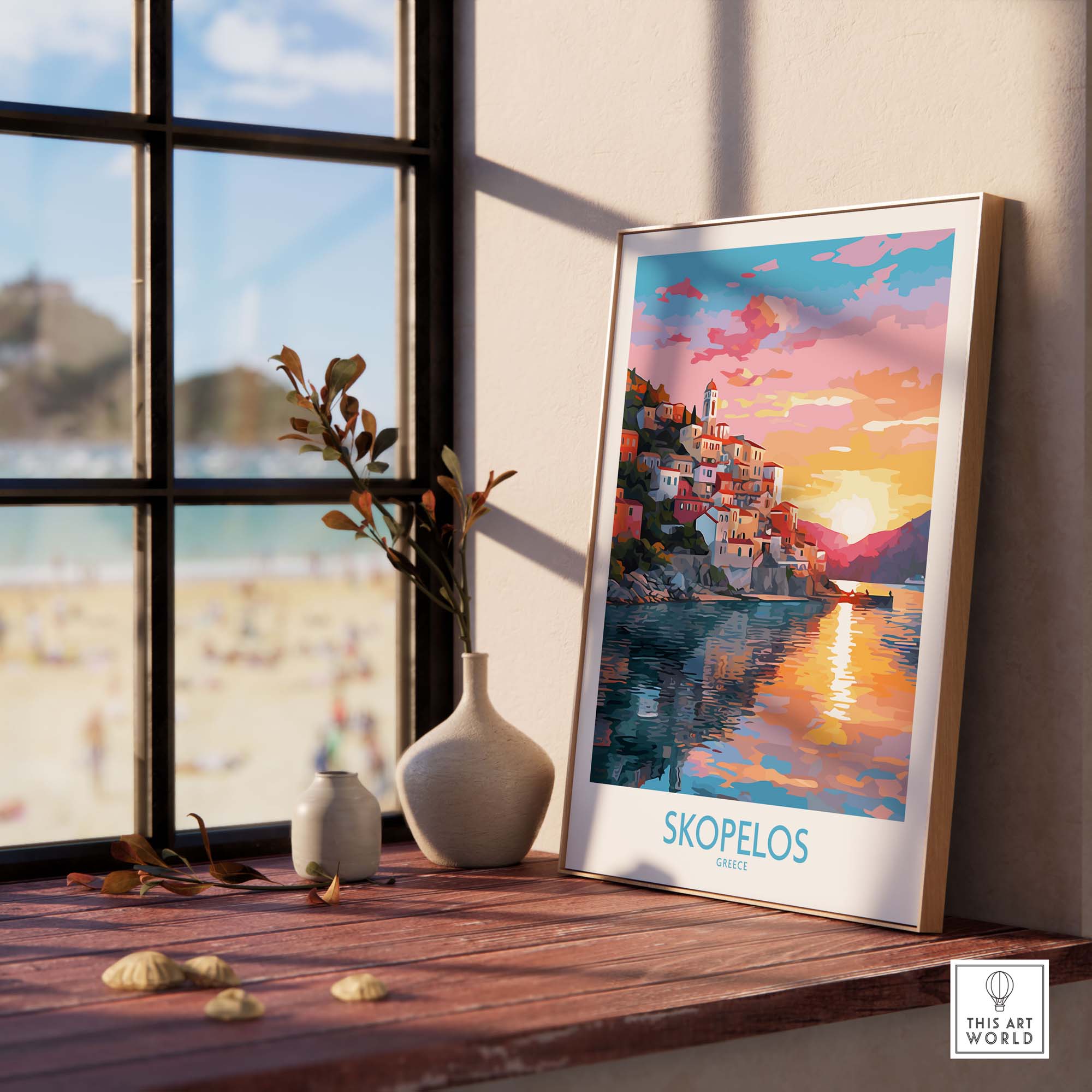 Skopelos wall art print featuring a vibrant sunset over the Greek island, perfect for modern home decor.