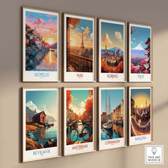 Collection of modern travel posters featuring Skopelos, Paris, Florence, Tokyo, Reykjavik, Amsterdam, Copenhagen, and Barcelona.