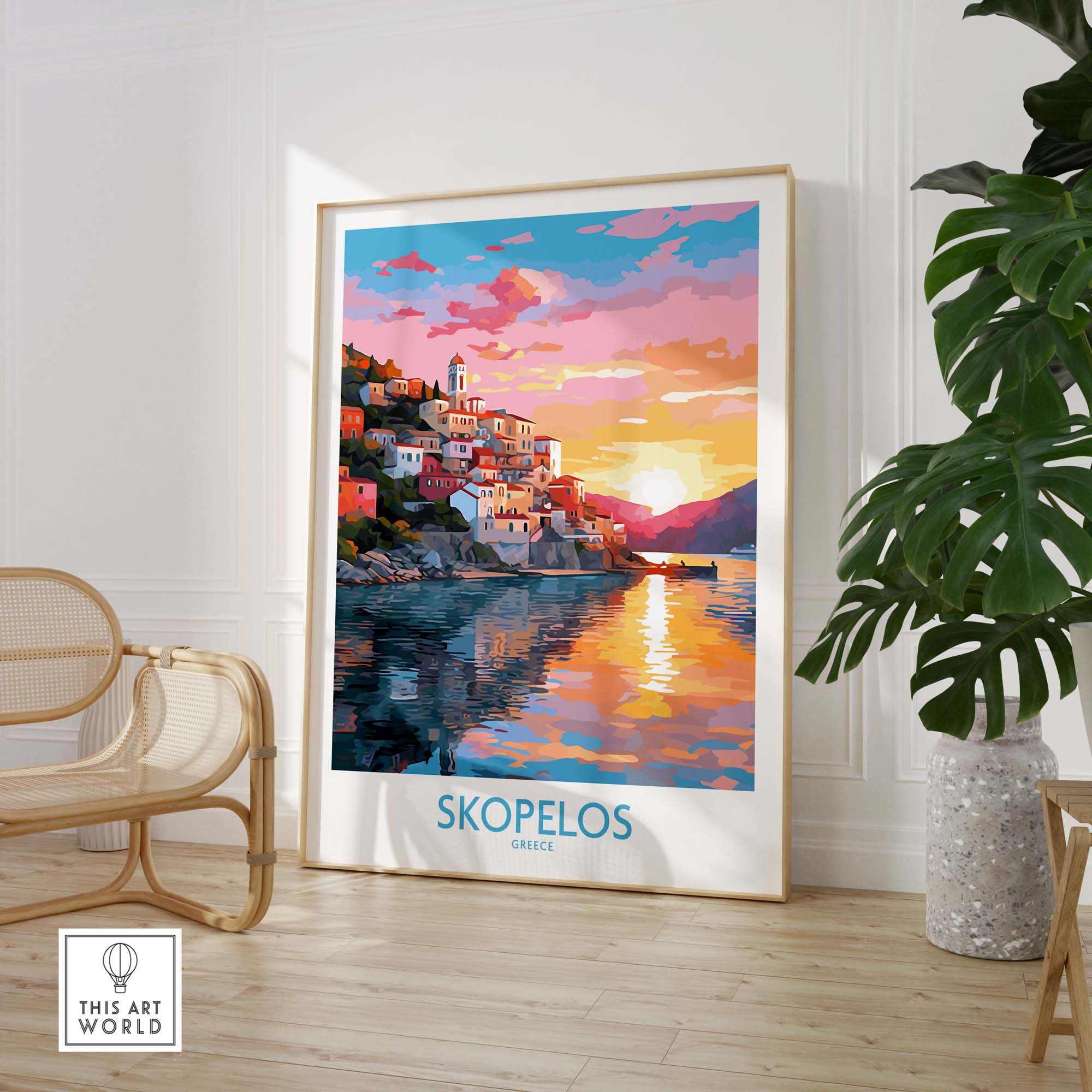 Skopelos wall art print featuring colorful sunset over Greek isle, ideal for modern home decor.