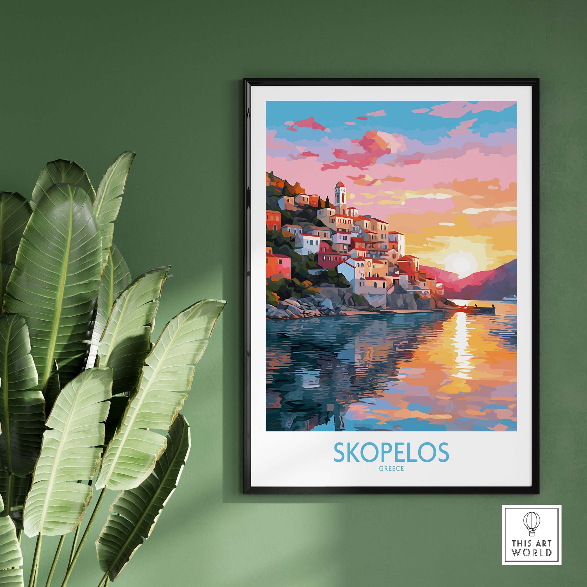 Colorful Skopelos Greece travel poster print showcasing a vibrant sunset and scenic coastline.