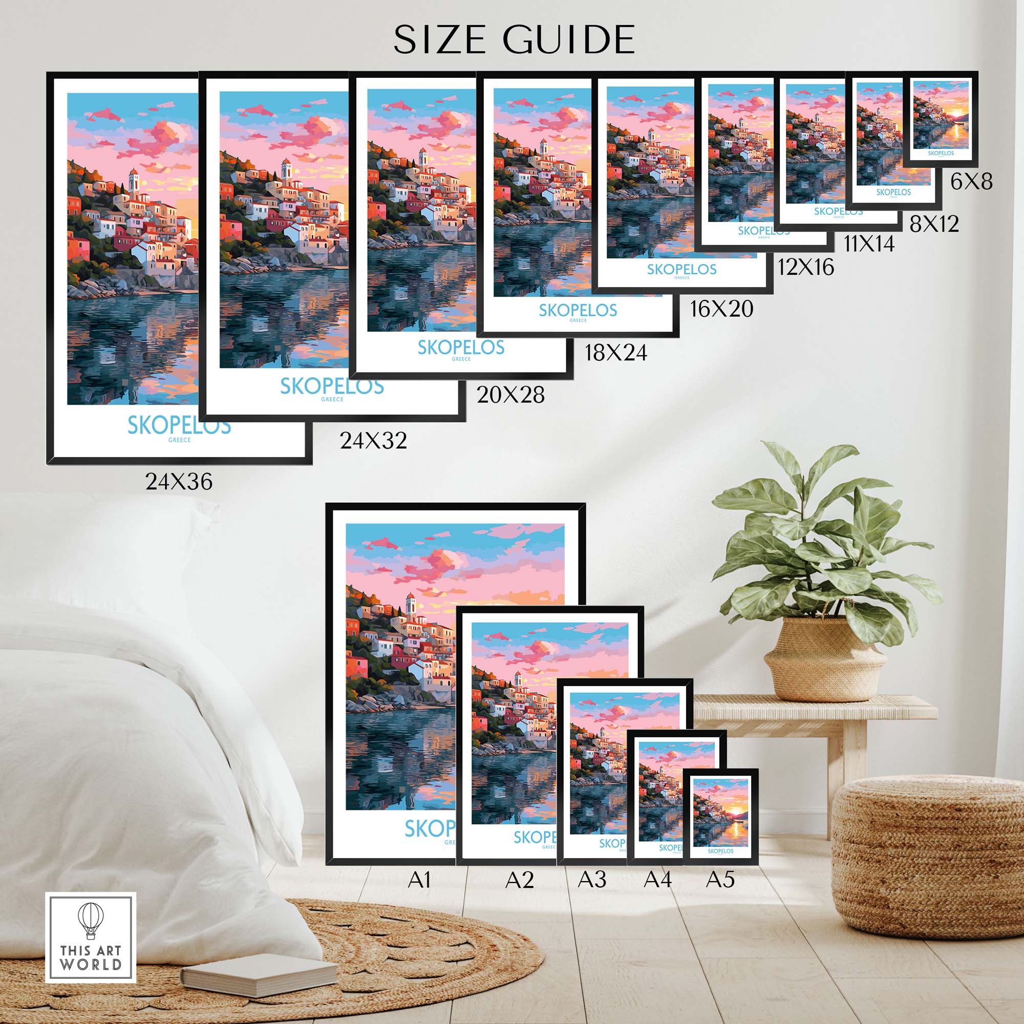 Size guide for Skopelos wall art prints in various dimensions displayed in a cozy room setting.