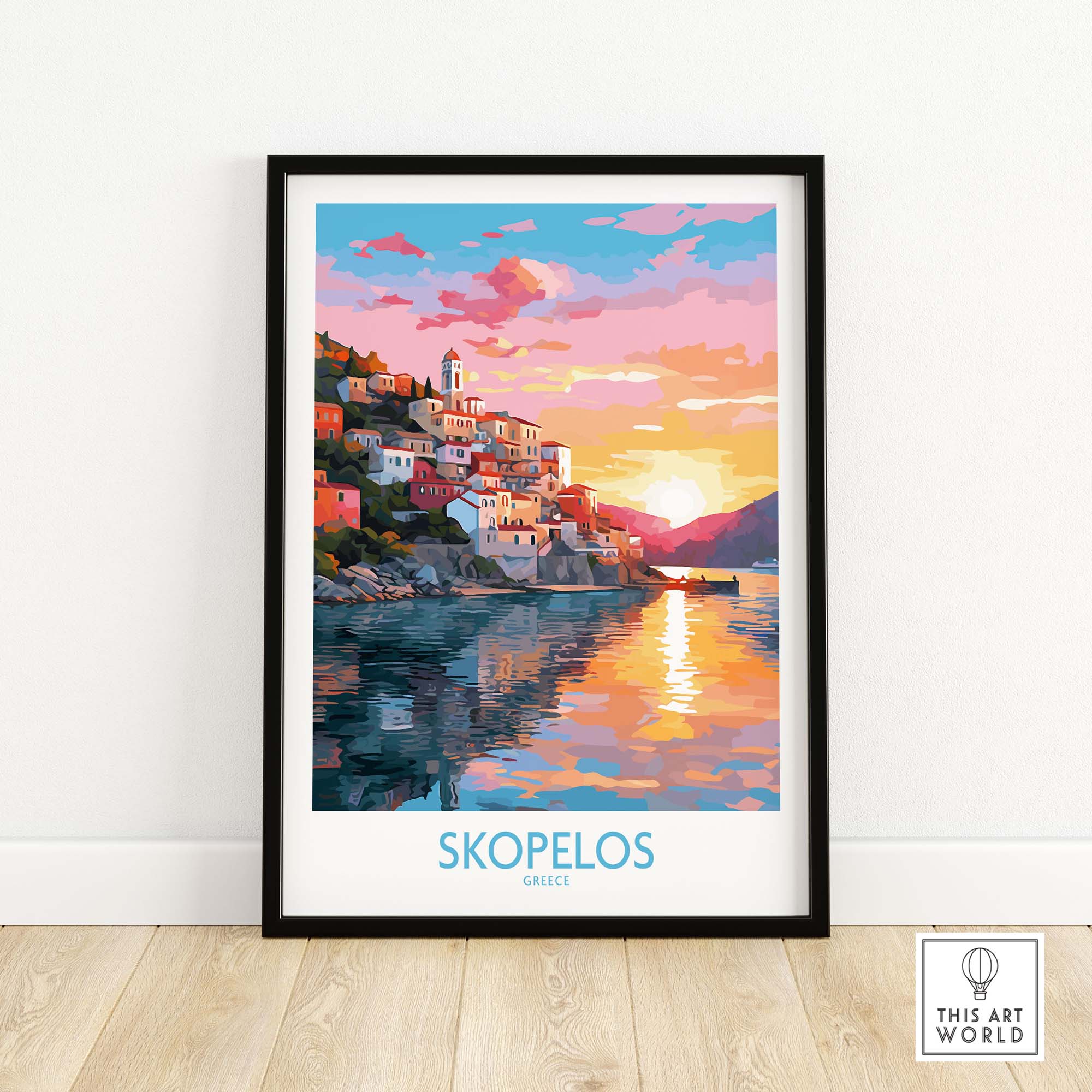 Skopelos wall art print featuring vibrant sunset over Greek isle, perfect for modern home decor.