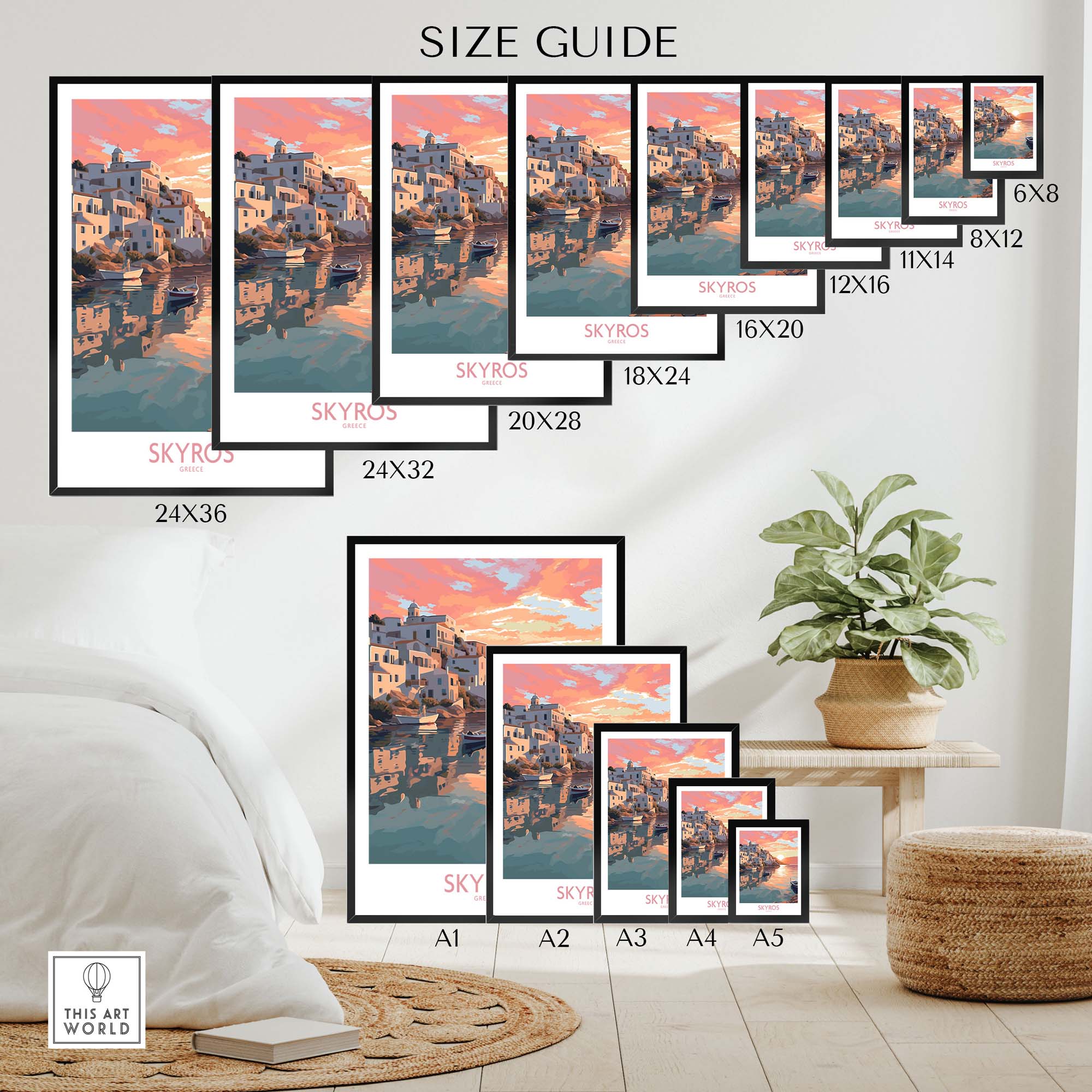 Skyros Wall Art size guide showcasing modern Greece travel poster prints in various sizes.