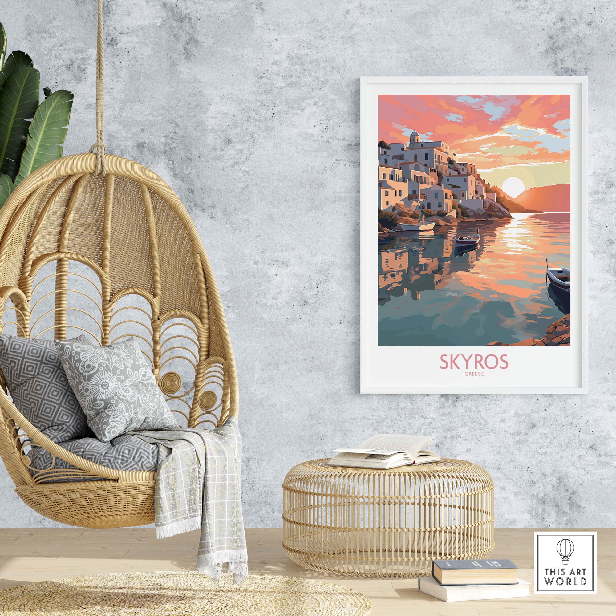 Skyros Wall Art print depicting colorful sunset over Greek island, enhancing modern home decor with vibrant hues.