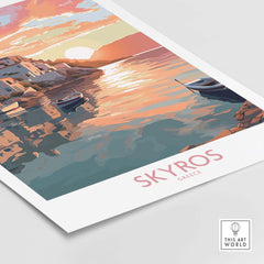 Skyros Greece wall art print showcasing vibrant sunset reflection on water with boats and picturesque buildings.