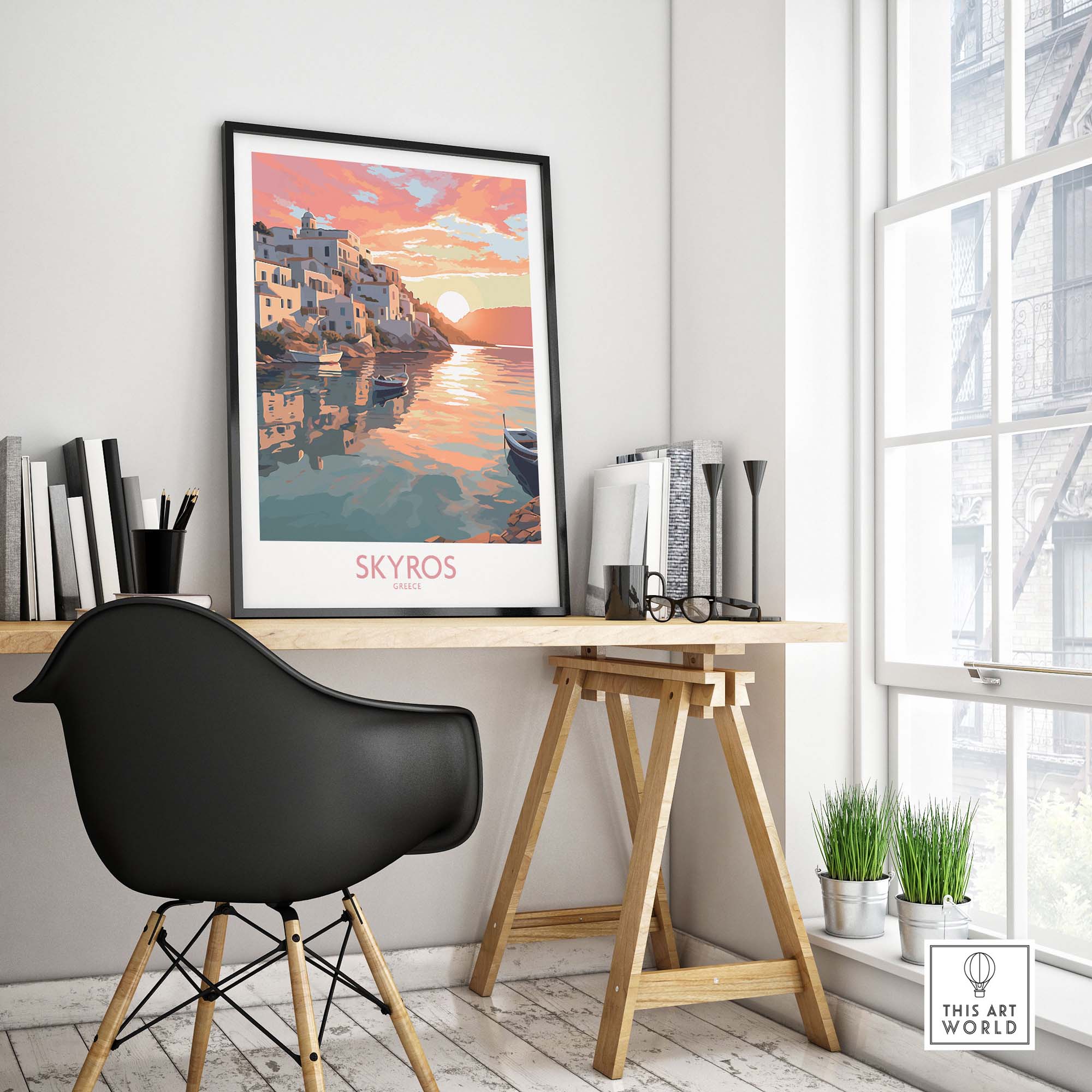 Skyros wall art print featuring a vivid sunset over the island, perfect for modern home decor.