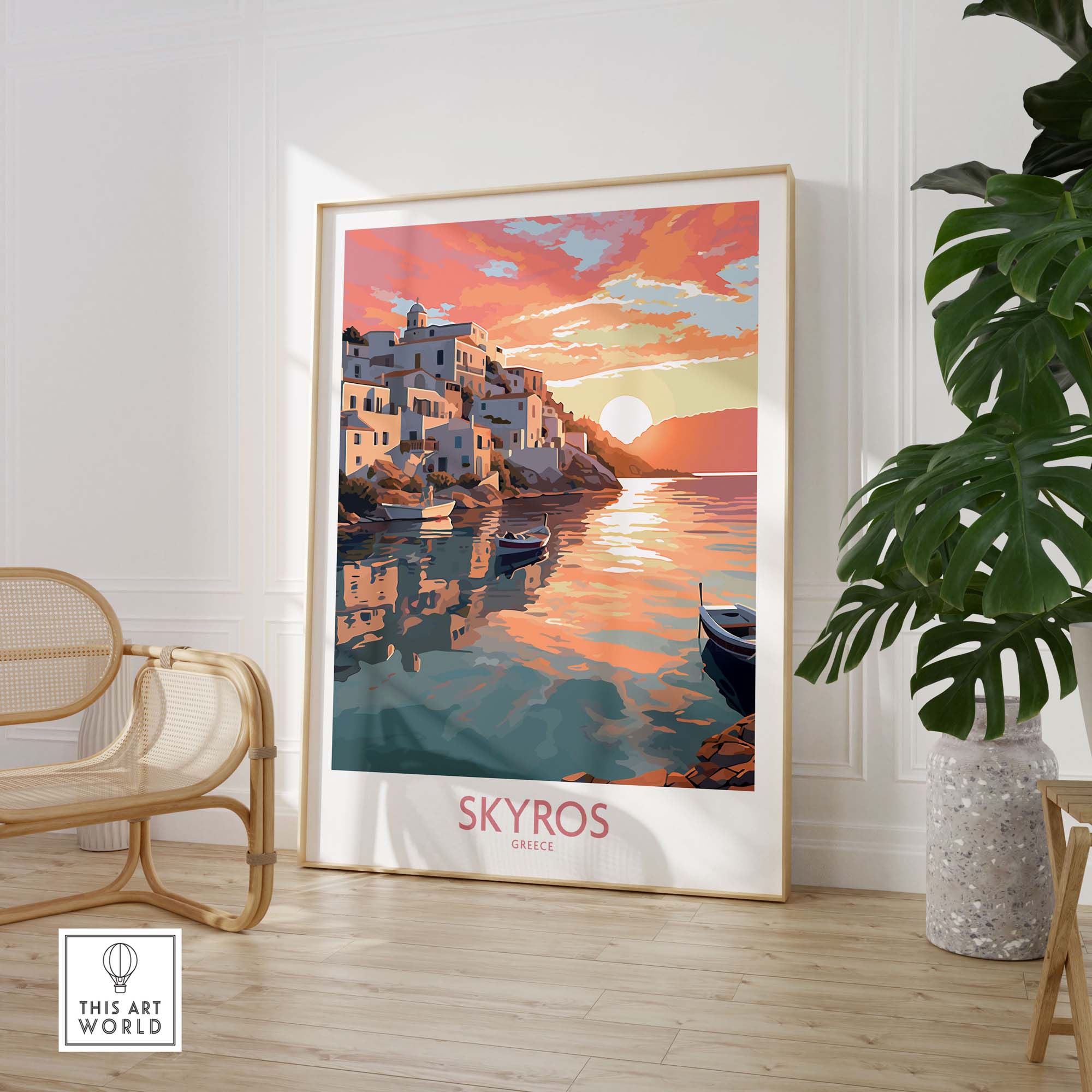 Skyros Wall Art featuring a vibrant sunset over Greek countryside in modern style, perfect for adding color to any room.
