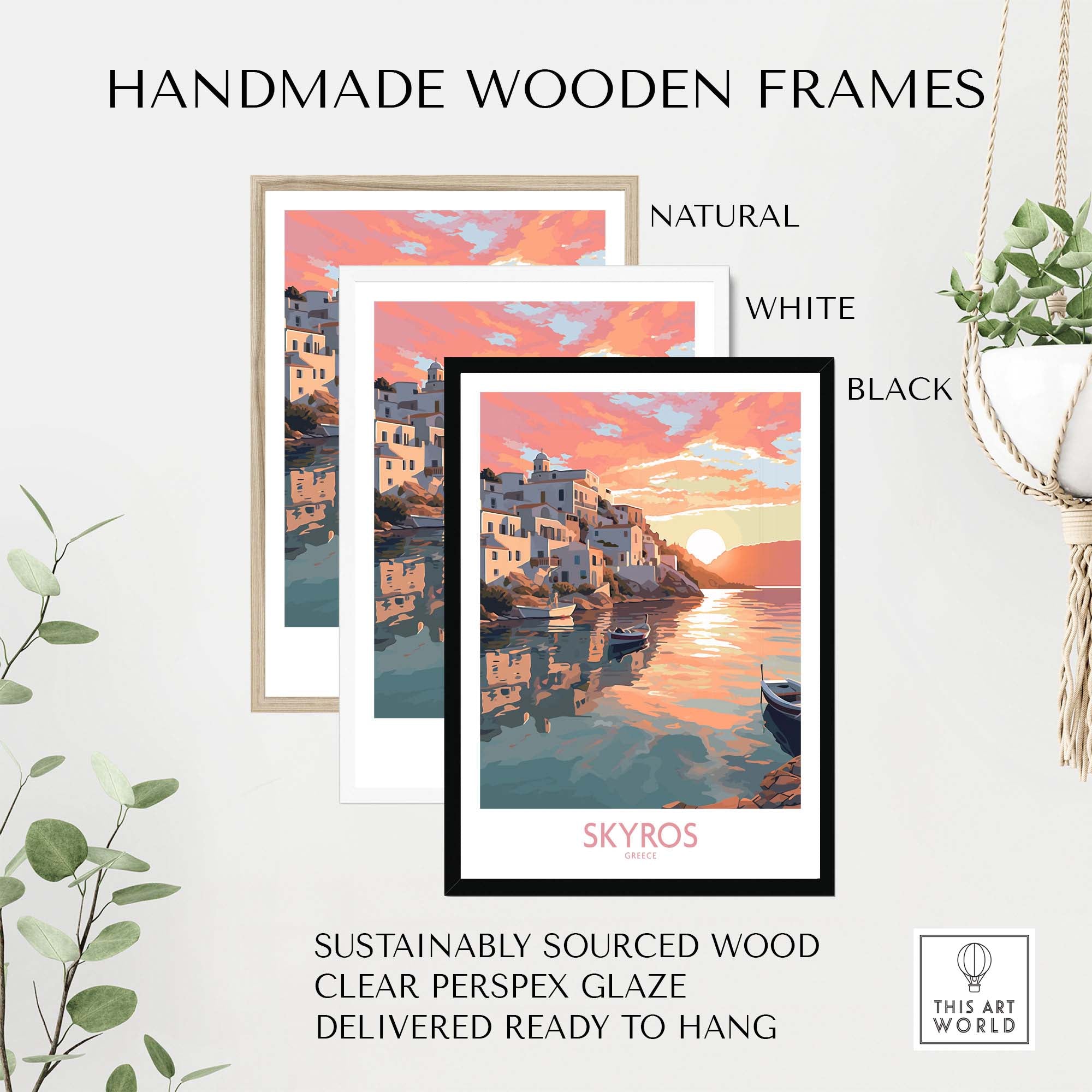 Handmade wooden frames in natural, white, and black for Skyros Greece travel poster art print, ready to hang.
