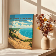 Sleeping Bear Dunes National Lakeshore travel poster canvas on sunny windowsill with vase of dried flowers